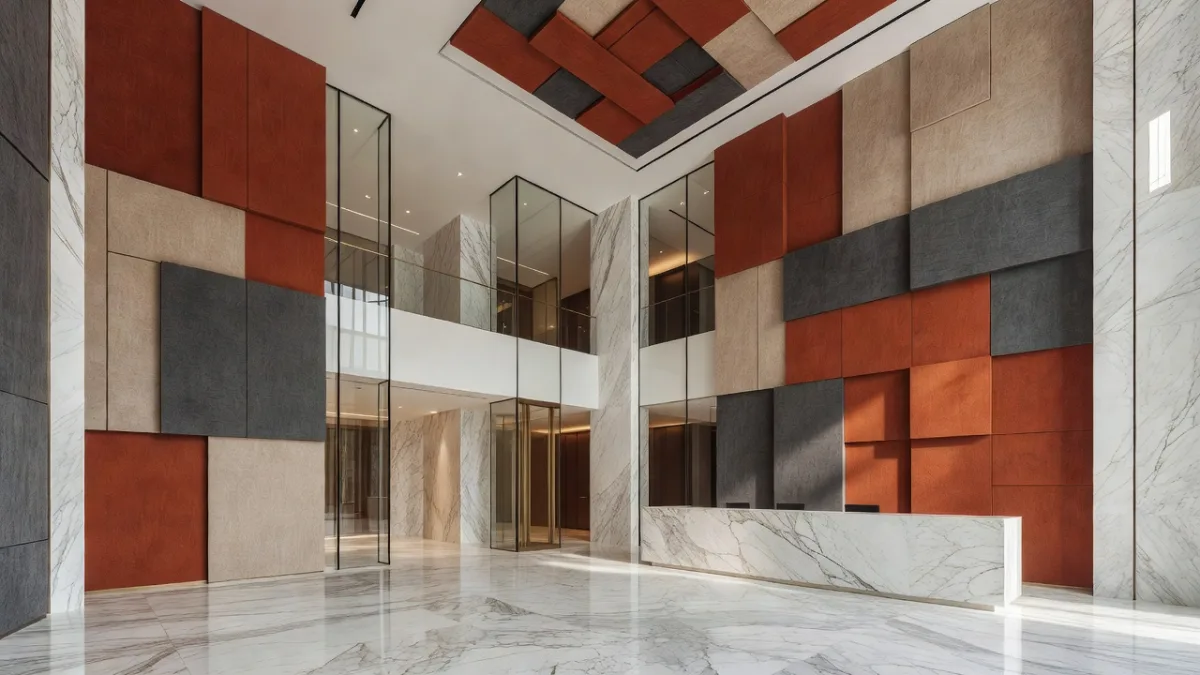 Hotellobby aus Marmor und Glas, in der der Schall nachhallt