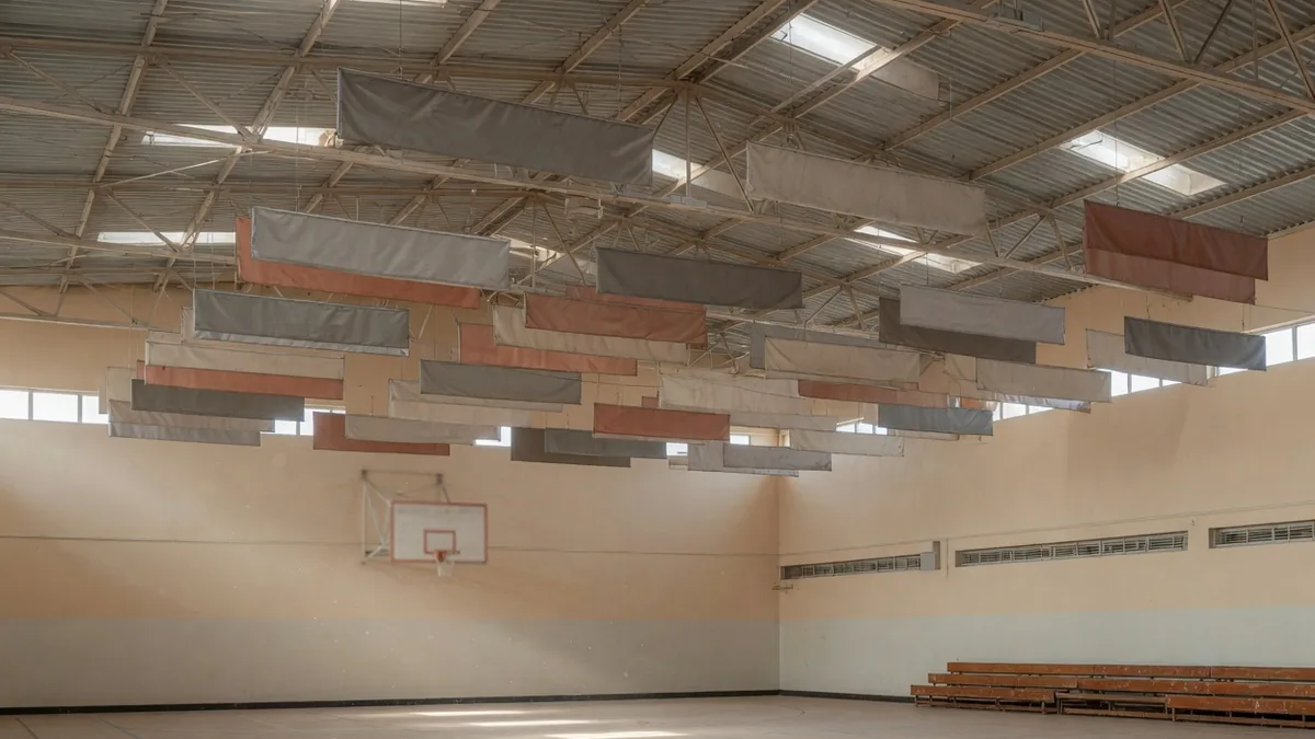 Baffles acoustiques suspendus sous la charpente d'une salle de sport