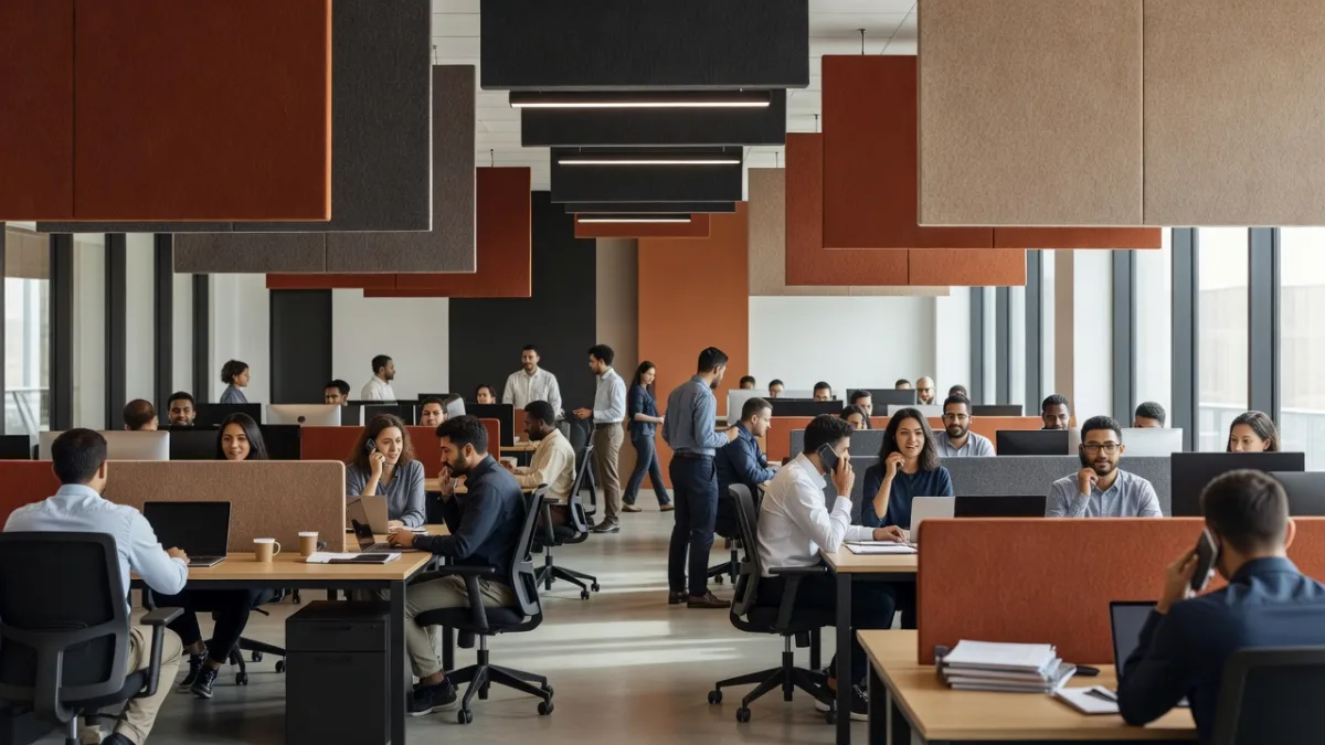 Open space bruyant avec conversations et appels au milieu des postes