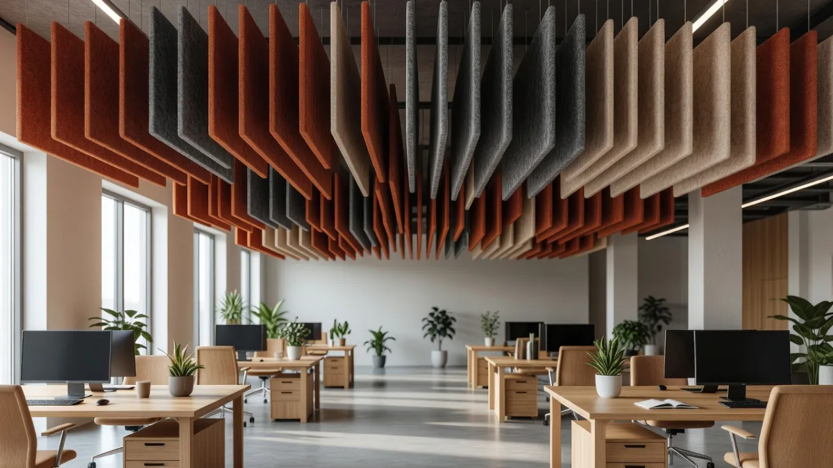 Baffles acoustiques suspendues au-dessus d'un plateau de bureaux
