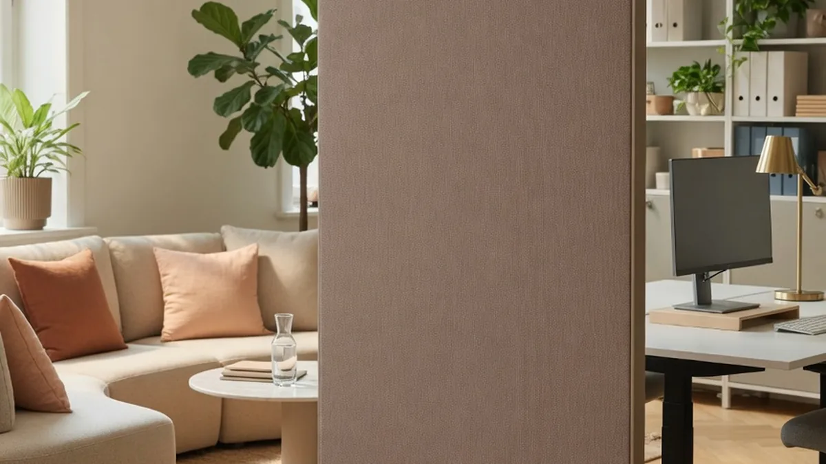 Cloison acoustique mobile sur roulettes séparant deux zones de bureau