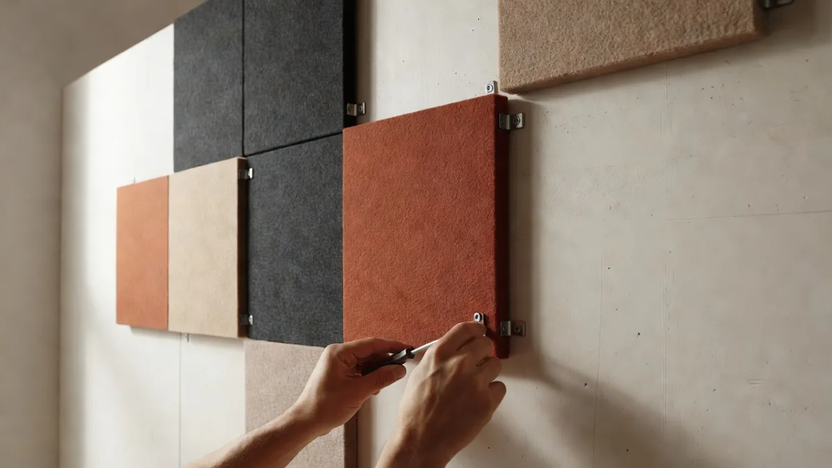 Fixation d'un panneau acoustique par clips vissés sur cloison