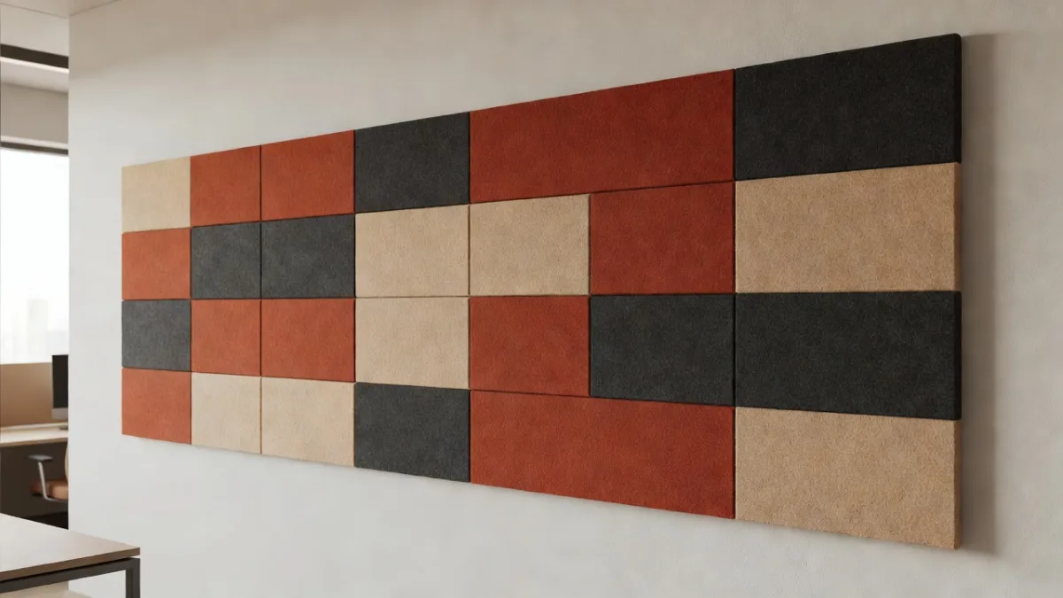 Panneau acoustique posé à hauteur d'oreille sur un mur de bureau