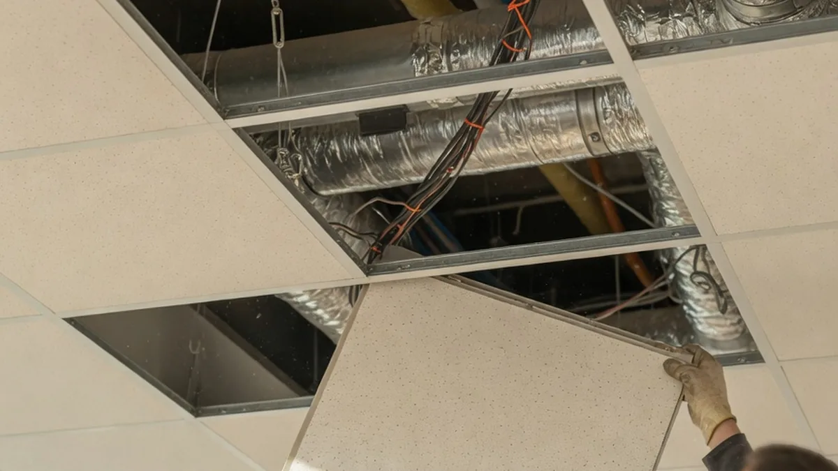 Pose d'une dalle acoustique dans une ossature de faux plafond