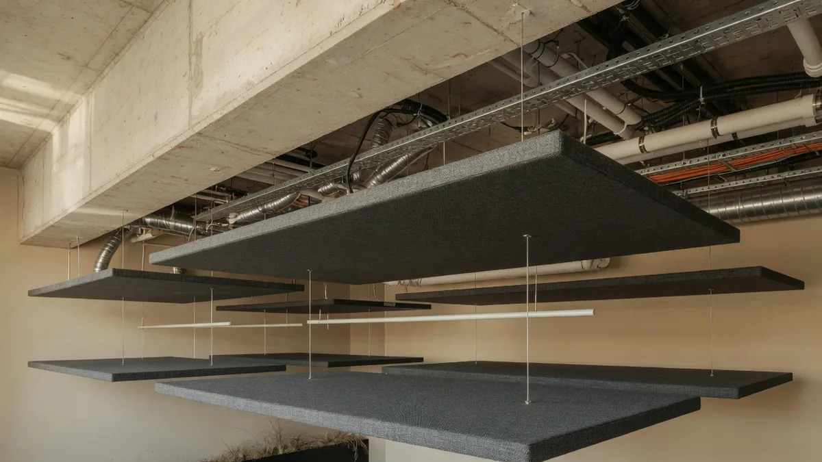 Îlots acoustiques horizontaux suspendus sous une dalle béton brute