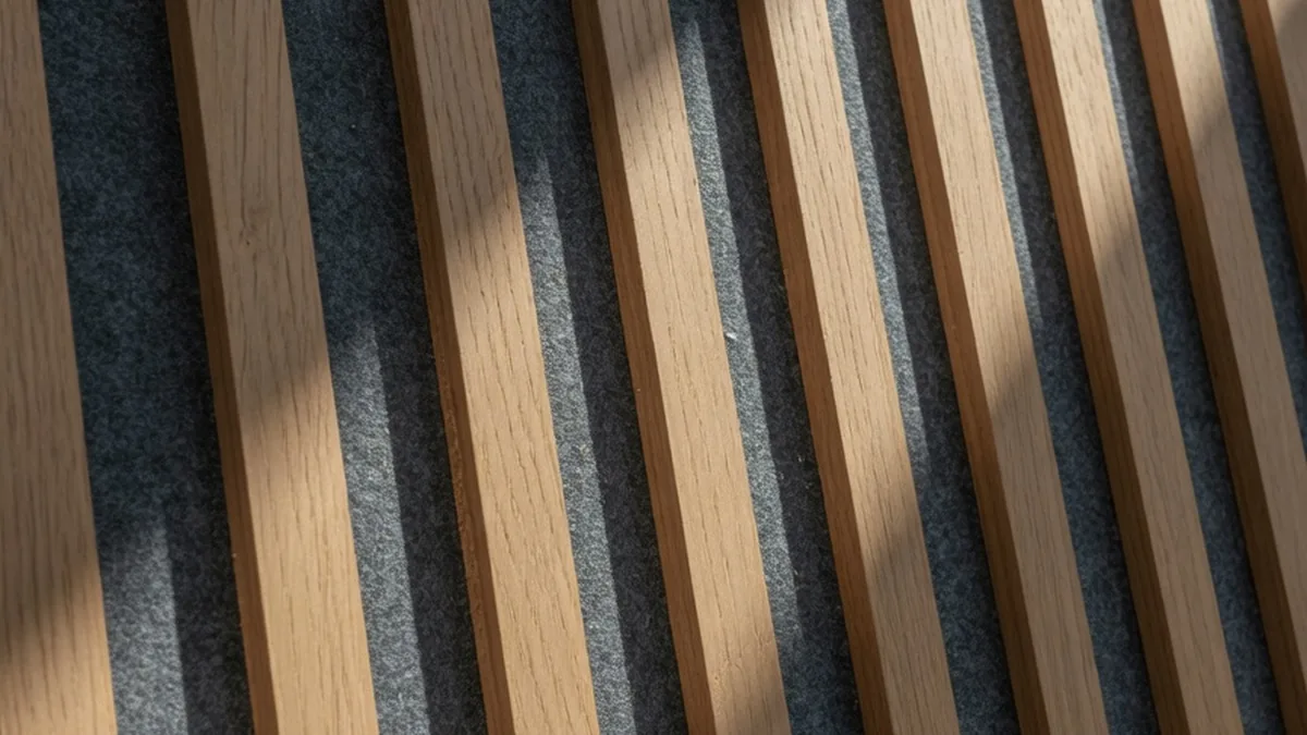 Détail d'un panneau en tasseaux de chêne : lattes espacées montées sur feutre acoustique sombre