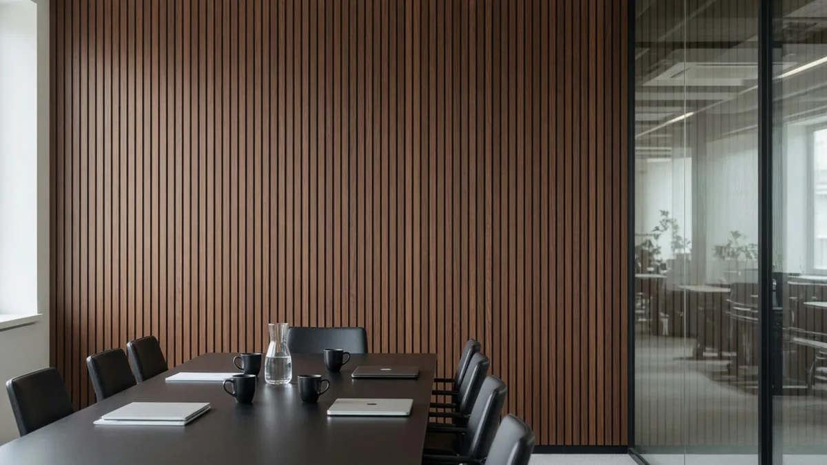 Salle de réunion habillée d'un mur en tasseaux de noyer