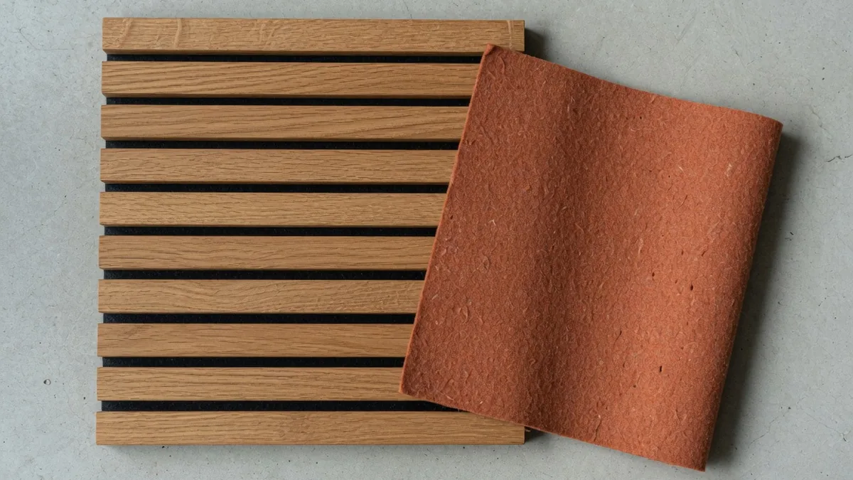 Panneau en tasseaux de chêne et plaque de feutre PET terracotta comparés côte à côte
