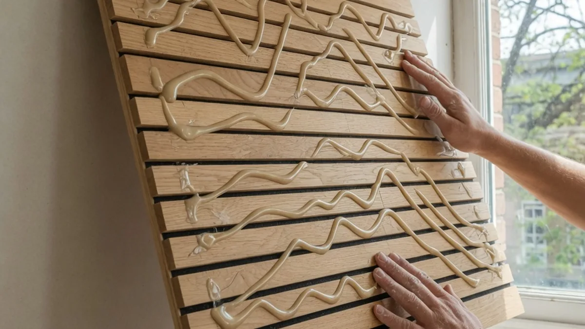 Pose d'un panneau acoustique en tasseaux de bois sur un mur en plaques de plâtre