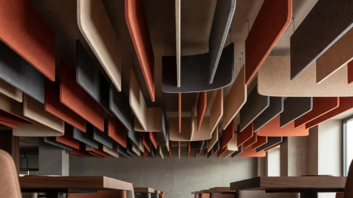 Plafond traité avec des panneaux acoustiques absorbants au-dessus des tables
