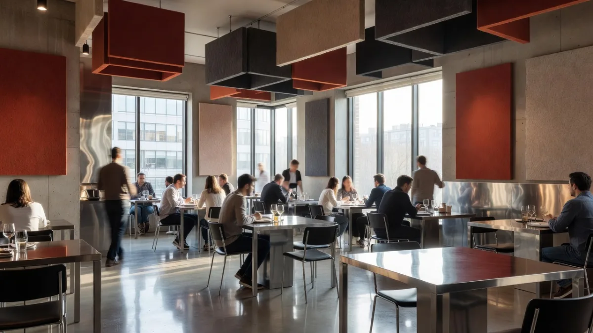 Salle de restaurant bruyante aux surfaces dures et vitrées