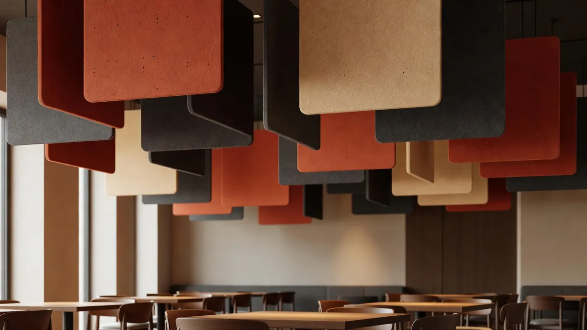 Baffles acoustiques suspendues au plafond d'un restaurant