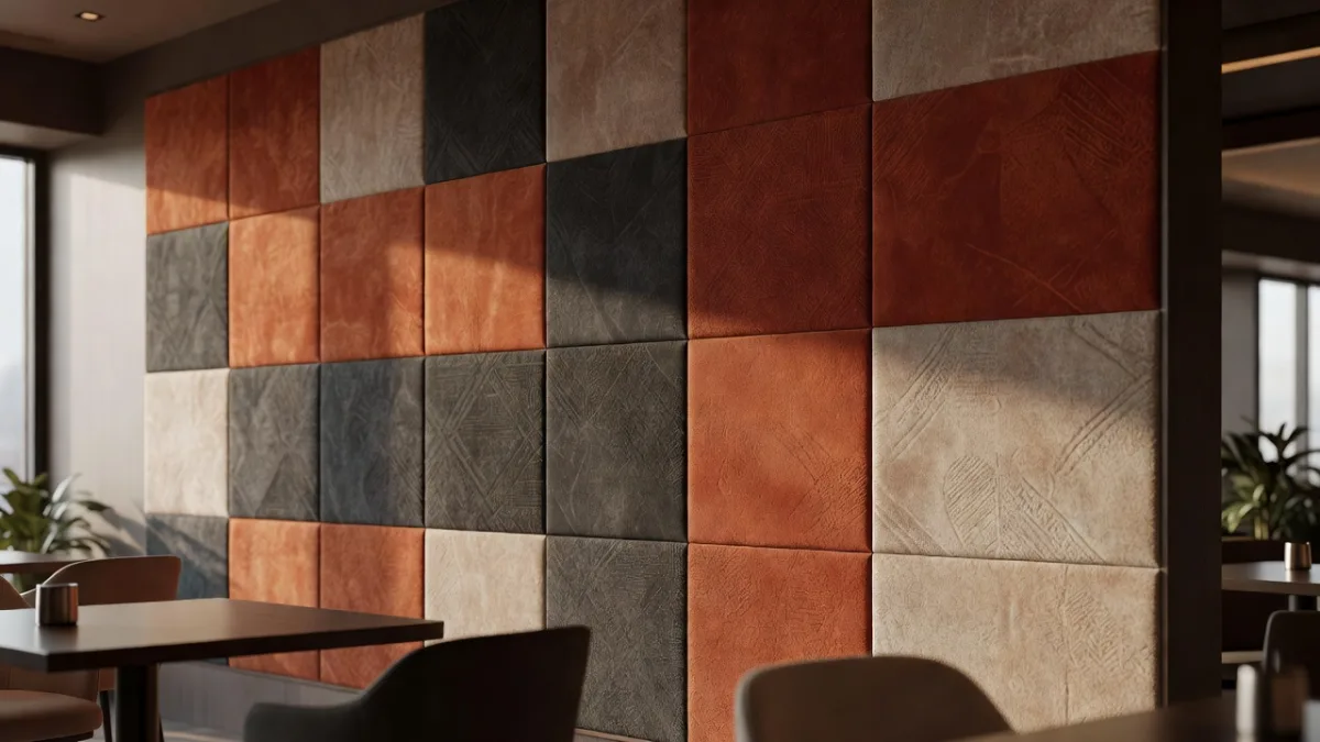 Panneaux acoustiques imprimés décorant un mur de restaurant