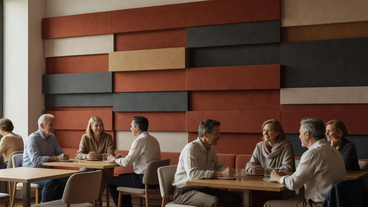 Clients conversant confortablement dans un restaurant traité acoustiquement