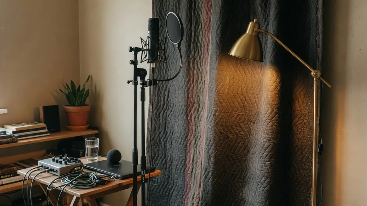 Rideau acoustique installé derrière un poste d'enregistrement
