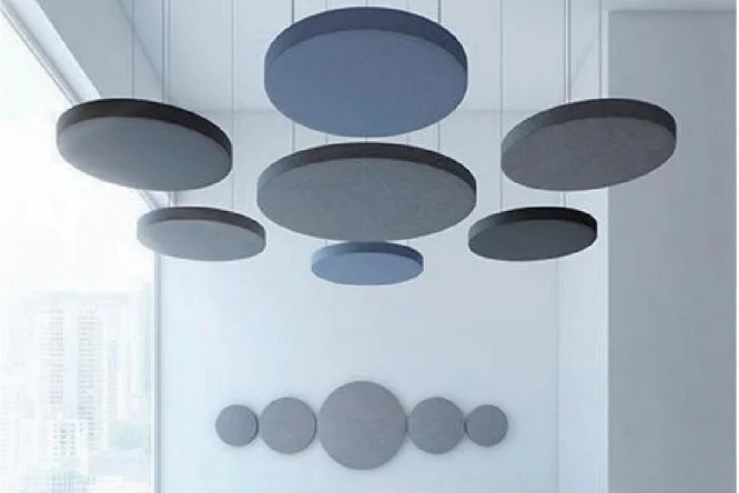 Office ceiling fitted with teal wave acoustic baffles