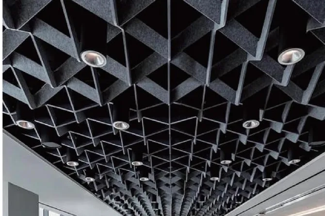 Office ceiling fitted with teal wave acoustic baffles
