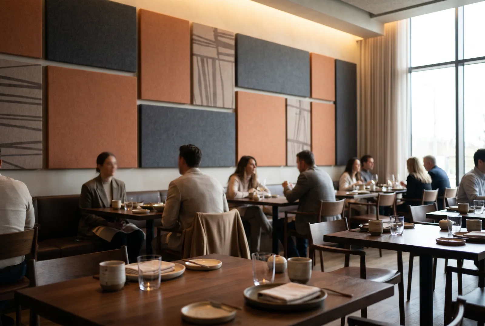 Panneaux acoustiques dans un restaurant chaleureux pour réduire la réverbération